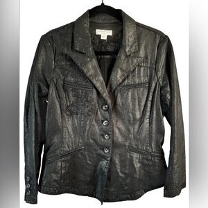 Coldwater Creek Black Shimmer Denim Fitted Blazer Size 8 Petite with Embroidery